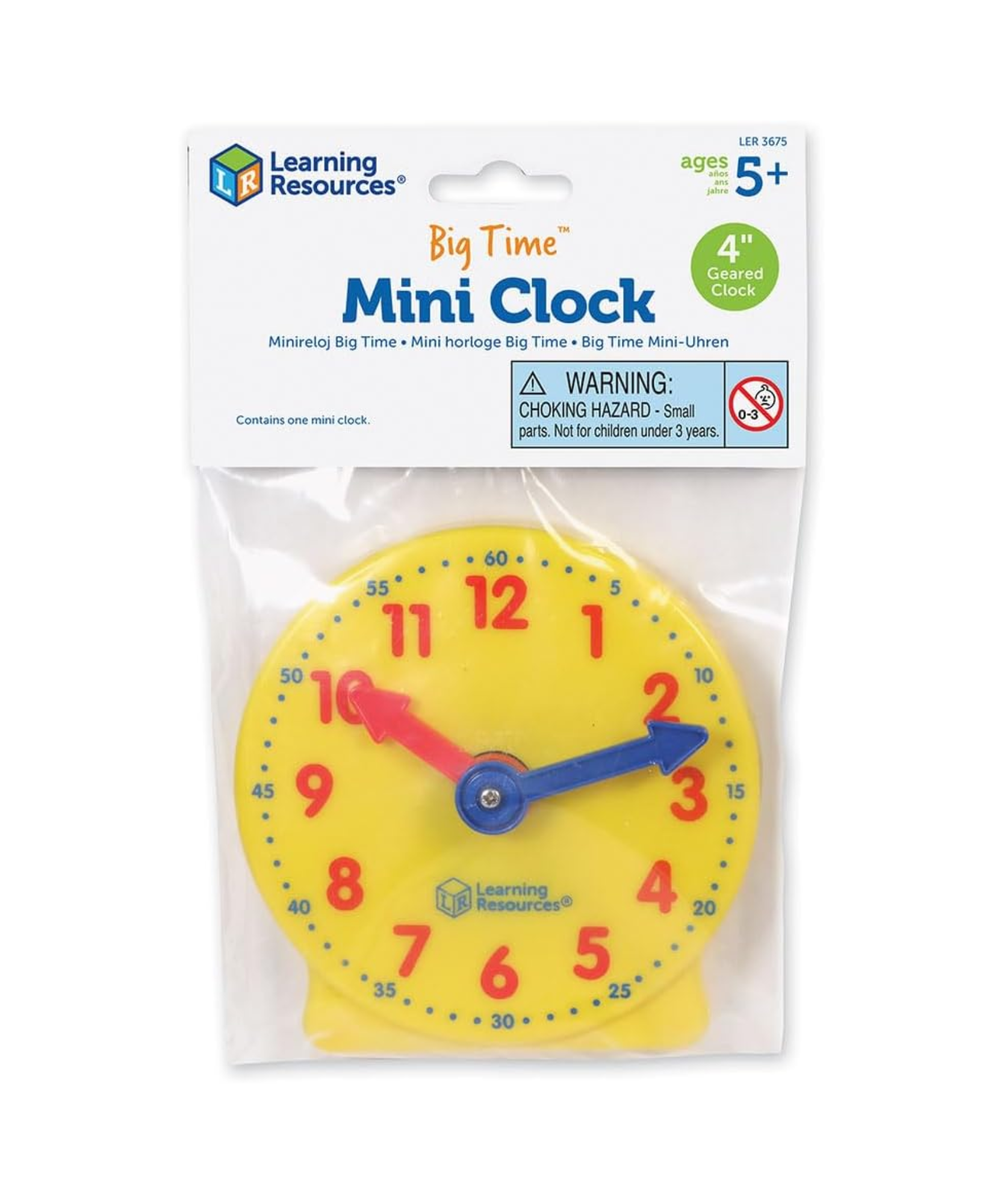 Learning Resources Big Time Mini Clock, 4 Inch Geared Teaching Clock with Color-Coded Hands, Time-Telling Educational Tool for Ages 5 and Up