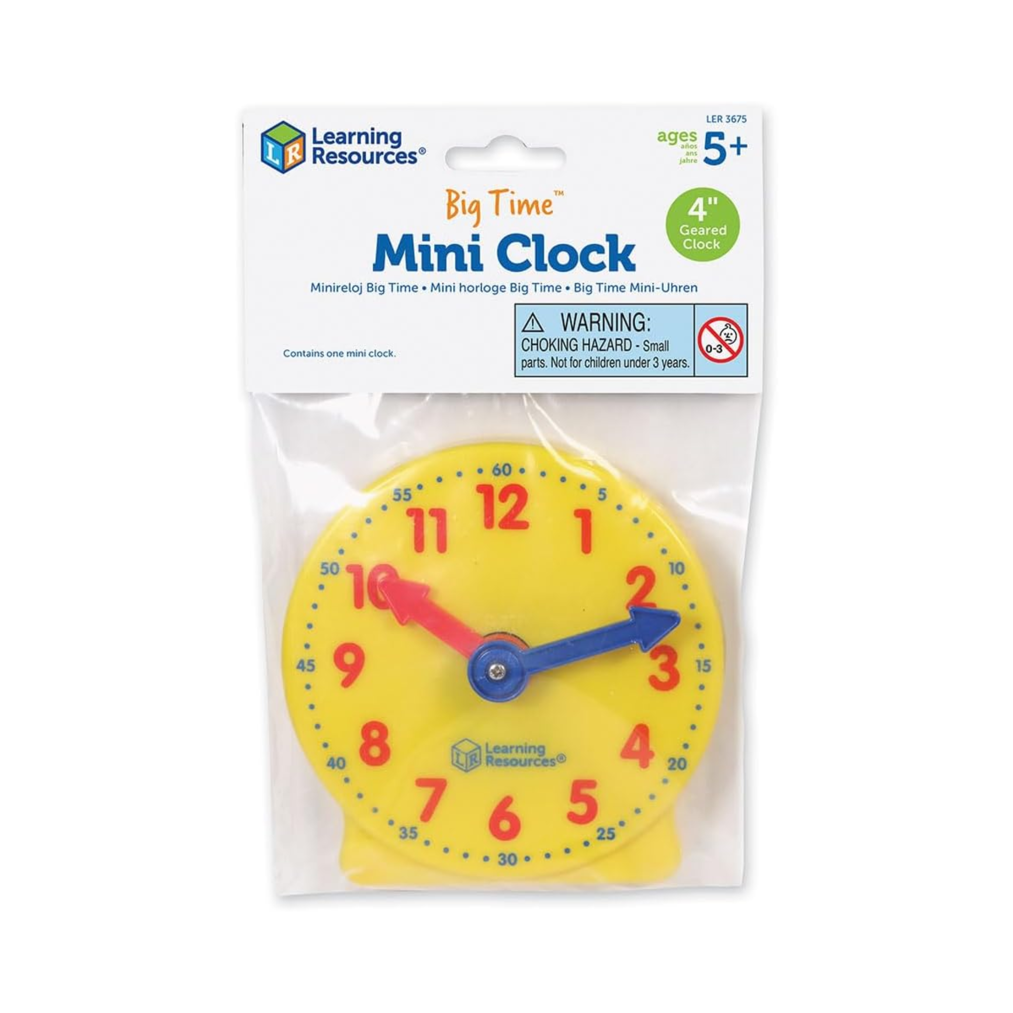 Learning Resources Big Time Mini Clock, 4 Inch Geared Teaching Clock with Color-Coded Hands, Time-Telling Educational Tool for Ages 5 and Up