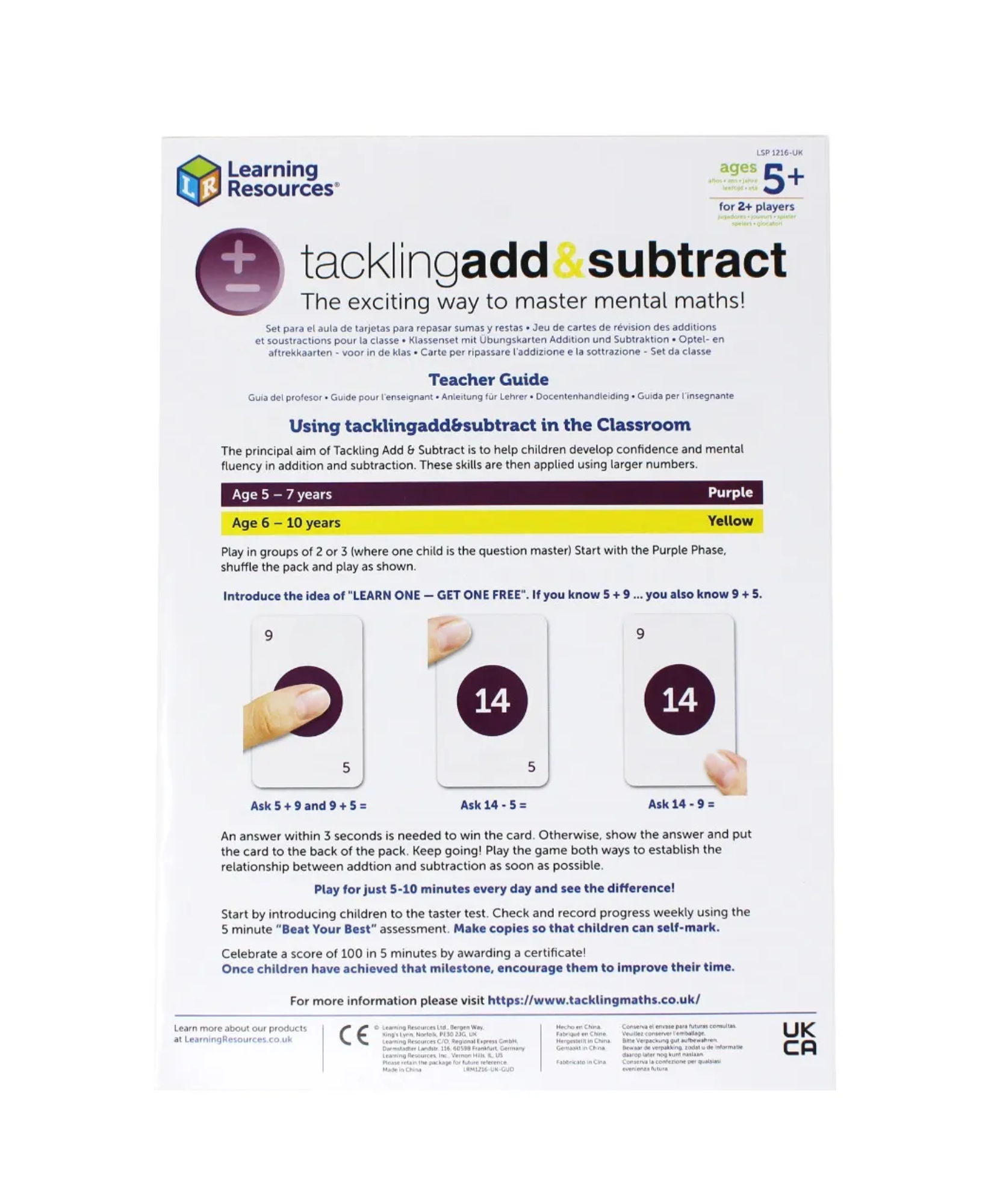 Learning Resources Tackling Add and Subtract Class Set, Maths Card Game for Building Mental Maths Fluency, Includes 10 Decks and Teacher Guide, Ages 5+