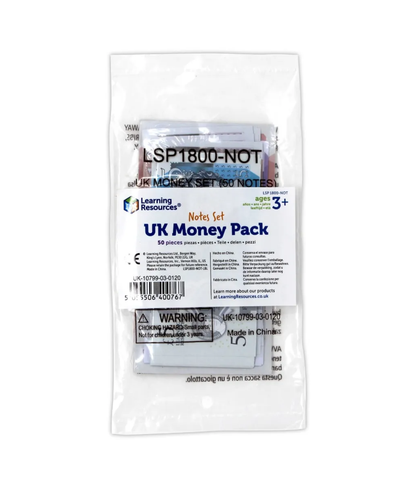 Learning Resources UK Money Set, 50 Single-Sided Play Notes Approved by HM Treasury, Realistic Educational Toy Currency, Ages 3+