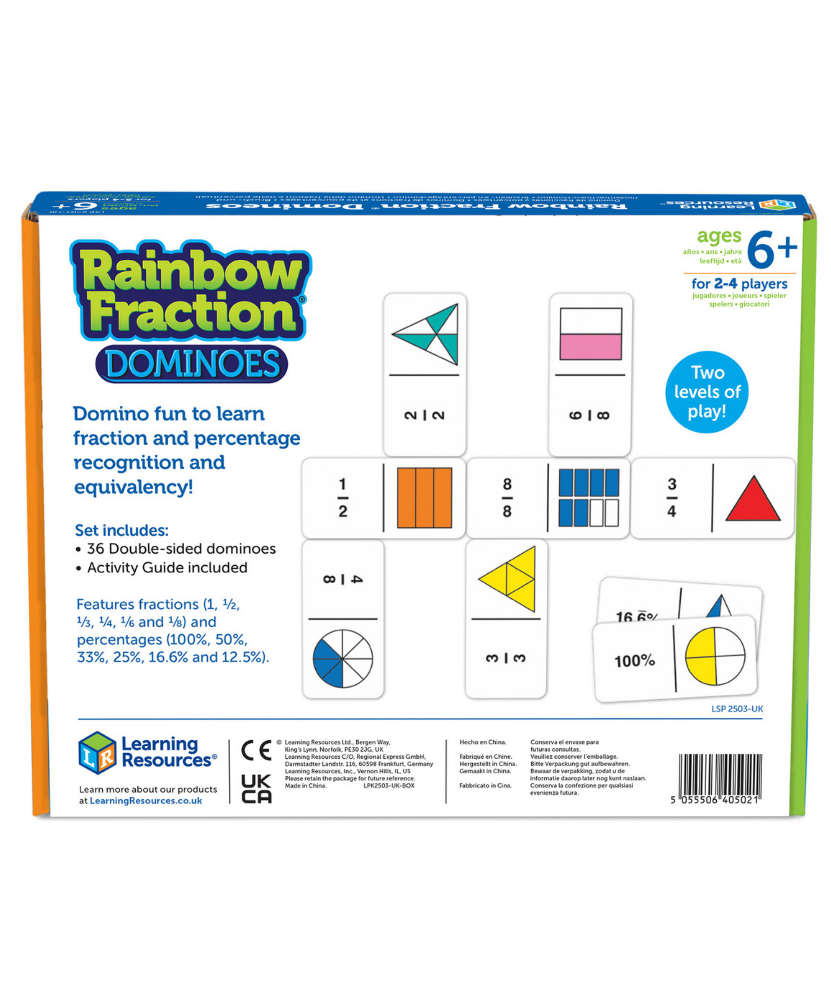 Learning Resources Rainbow Fraction Dominoes, Educational Game for Learning Fractions and Percentages, Double-Sided Dominoes with Visual and Numeric Representations, For 2-4 Players, Includes Multilingual Activity Guide