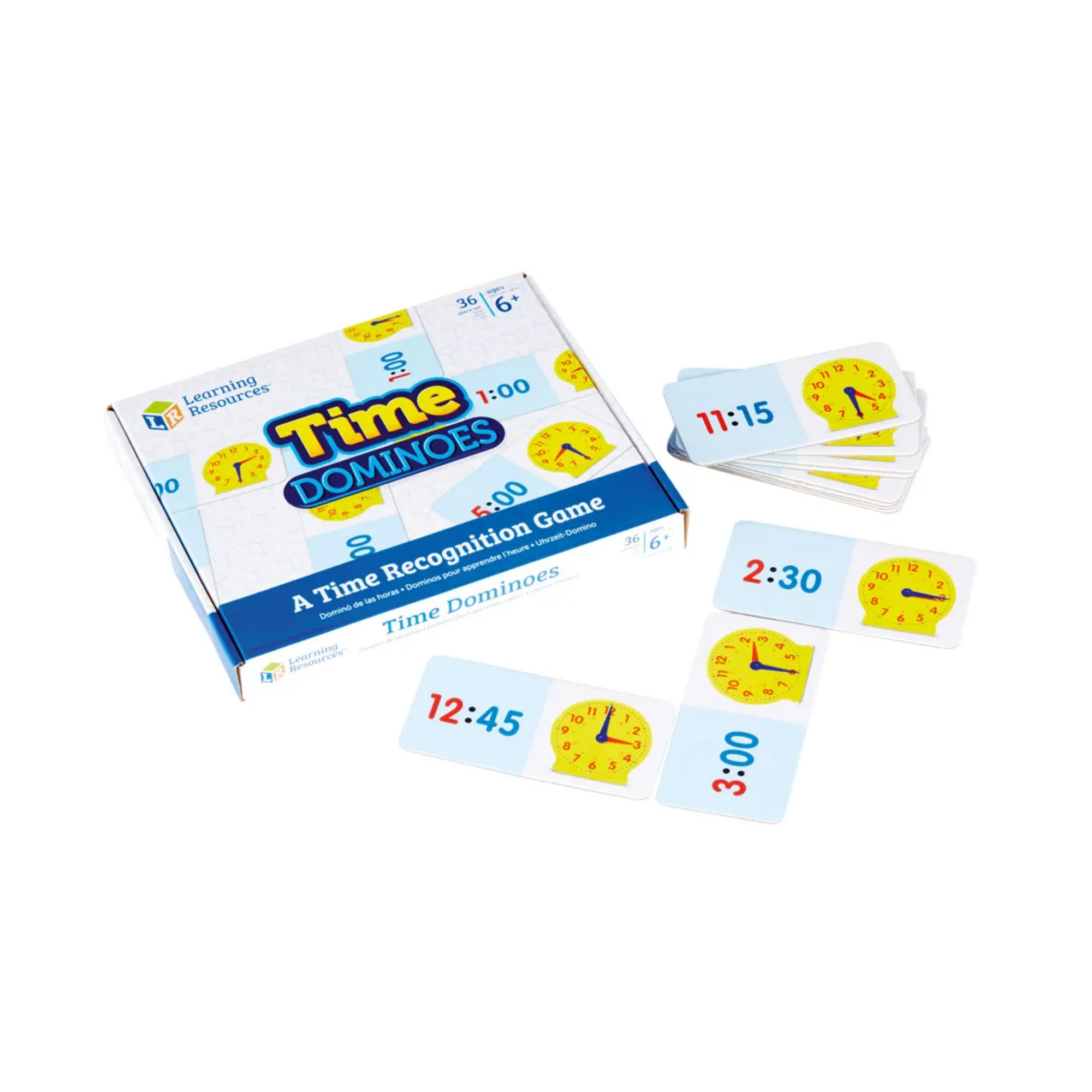 موارد التعلم - لعبة دومينو الوقت، لعبة إخبار الوقت مع الساعات الرقمية والتناظرية، تتضمن 36 دومينو ودليل الأنشطة، تُعلّم تنسيقات 12 و24 ساعة، للأعمار من 6 سنوات فما فوق
