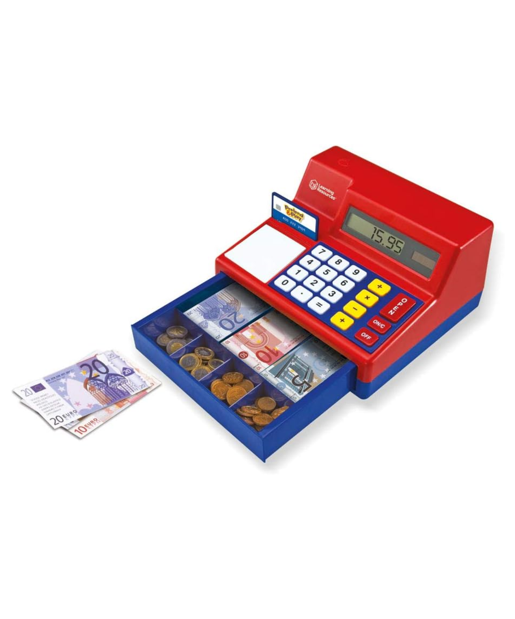 موارد تعليمية - آلة حاسبة تظاهرية مع ماكينة تسجيل المدفوعات النقدية مع نقود أوروبية، مجموعة لعب واقعية مع آلة حاسبة تعمل بالطاقة الشمسية، تتضمن نقودًا للعب ودليل أنشطة، للأعمار من 3 سنوات فما فوق