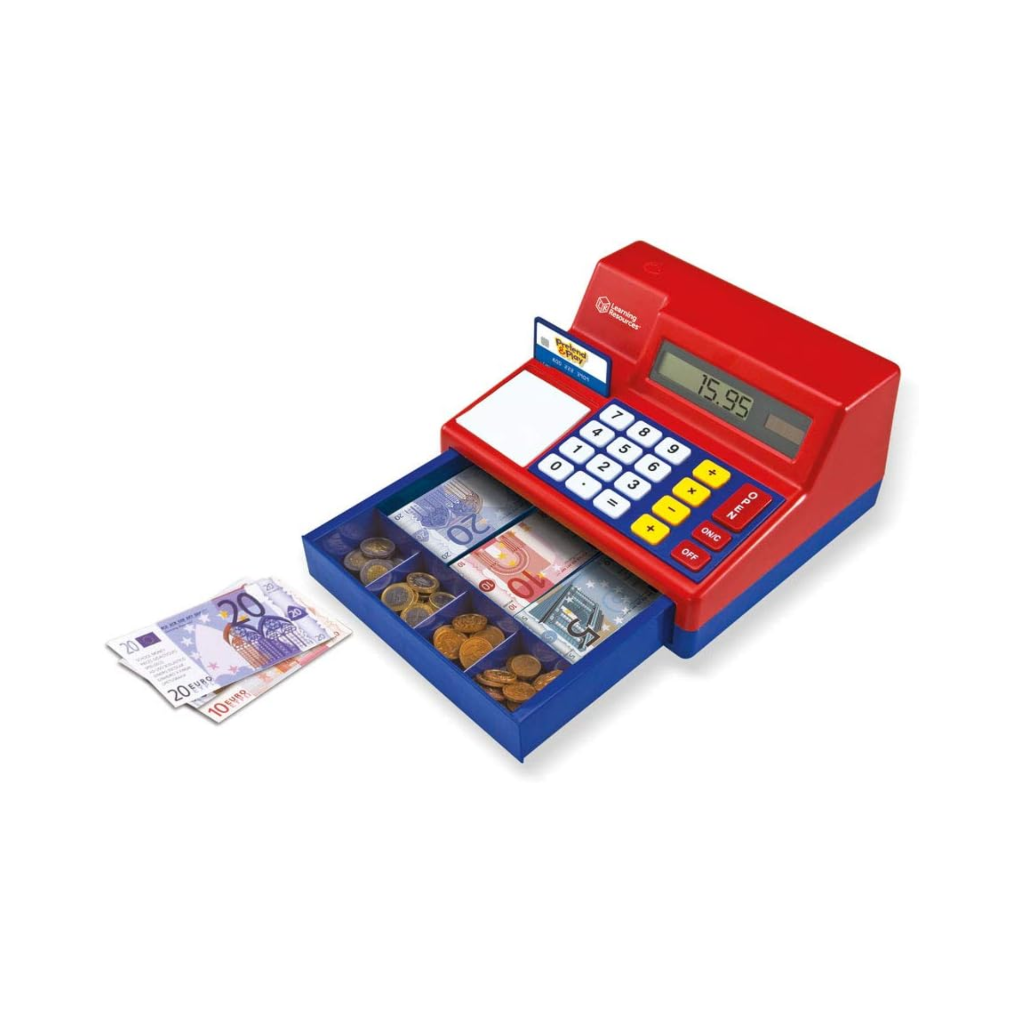 موارد تعليمية - آلة حاسبة تظاهرية مع ماكينة تسجيل المدفوعات النقدية مع نقود أوروبية، مجموعة لعب واقعية مع آلة حاسبة تعمل بالطاقة الشمسية، تتضمن نقودًا للعب ودليل أنشطة، للأعمار من 3 سنوات فما فوق