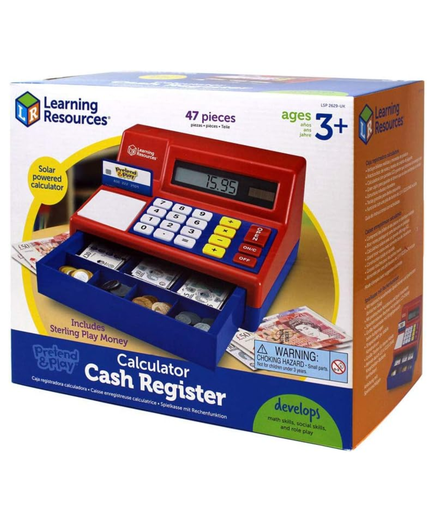 موارد تعليمية - آلة حاسبة تظاهرية مع ماكينة تسجيل المدفوعات النقدية مع نقود أوروبية، مجموعة لعب واقعية مع آلة حاسبة تعمل بالطاقة الشمسية، تتضمن نقودًا للعب ودليل أنشطة، للأعمار من 3 سنوات فما فوق