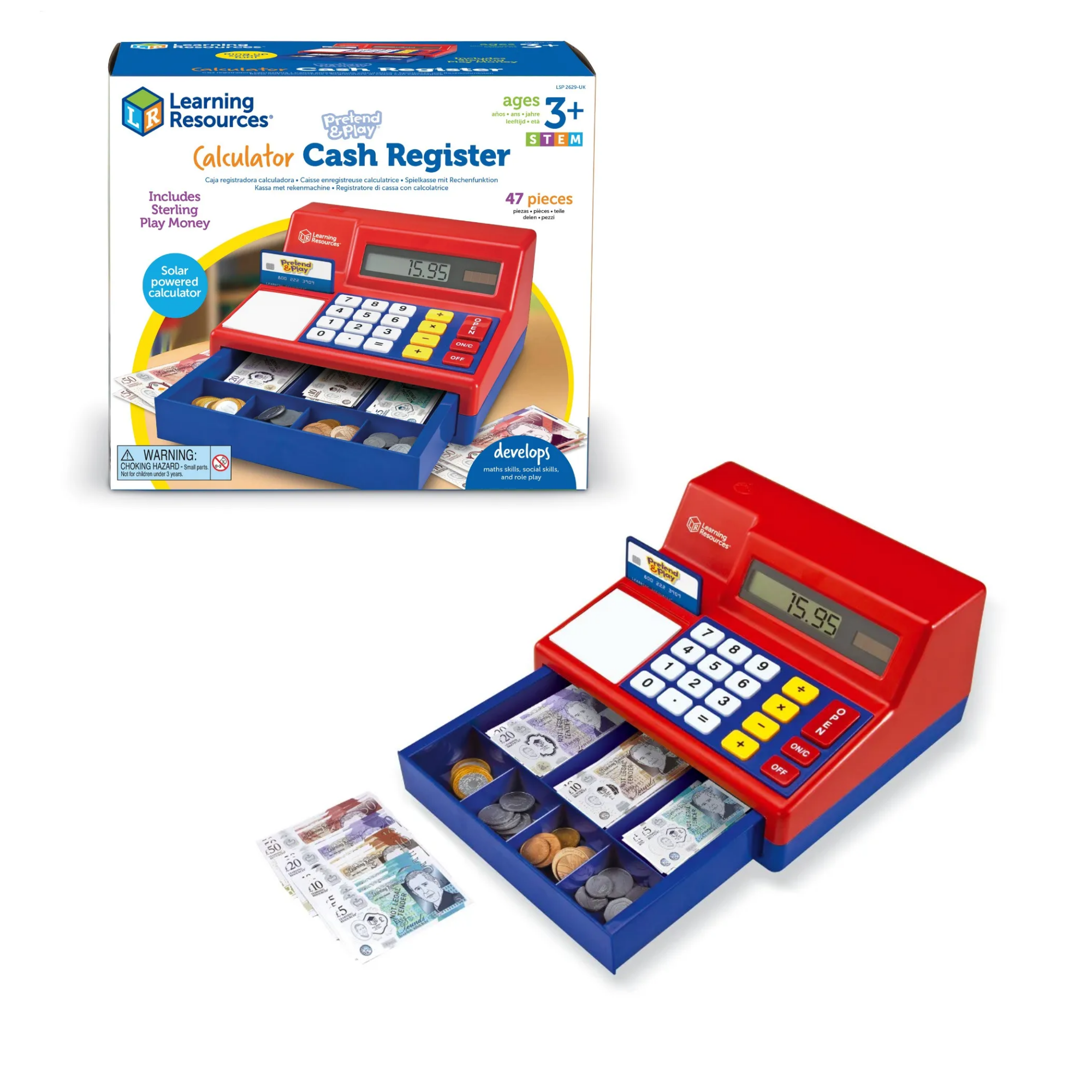 موارد تعليمية - آلة حاسبة تظاهرية للعب، ماكينة تسجيل المدفوعات النقدية، عملة المملكة المتحدة، صندوق نقود مع نقود لعب وبطاقة ائتمان، آلة حاسبة تعمل بالطاقة الشمسية لمهارات الرياضيات والمال المبكرة، للأعمار من 3 سنوات فما فوق