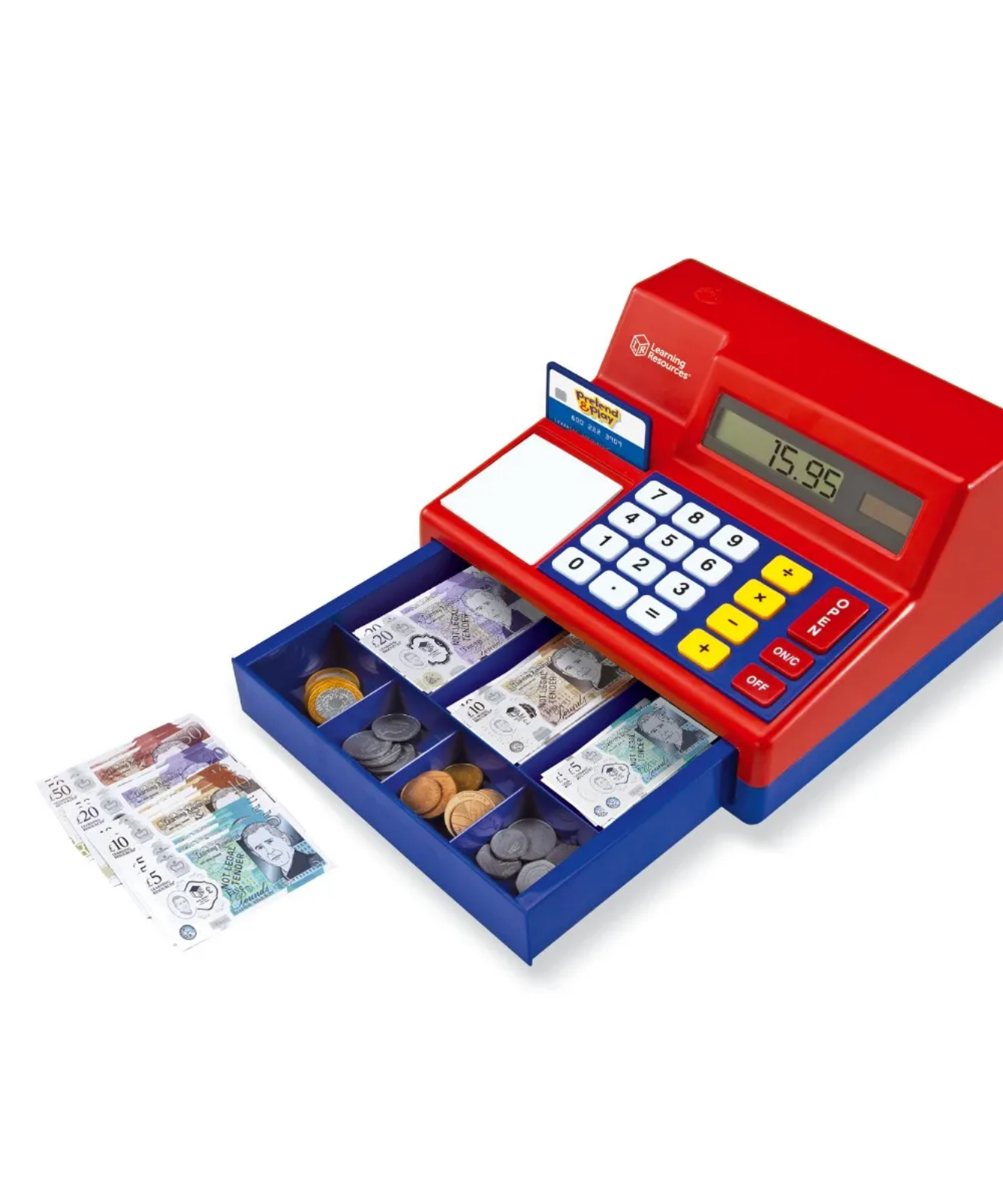 موارد تعليمية - آلة حاسبة تظاهرية للعب، ماكينة تسجيل المدفوعات النقدية، عملة المملكة المتحدة، صندوق نقود مع نقود لعب وبطاقة ائتمان، آلة حاسبة تعمل بالطاقة الشمسية لمهارات الرياضيات والمال المبكرة، للأعمار من 3 سنوات فما فوق