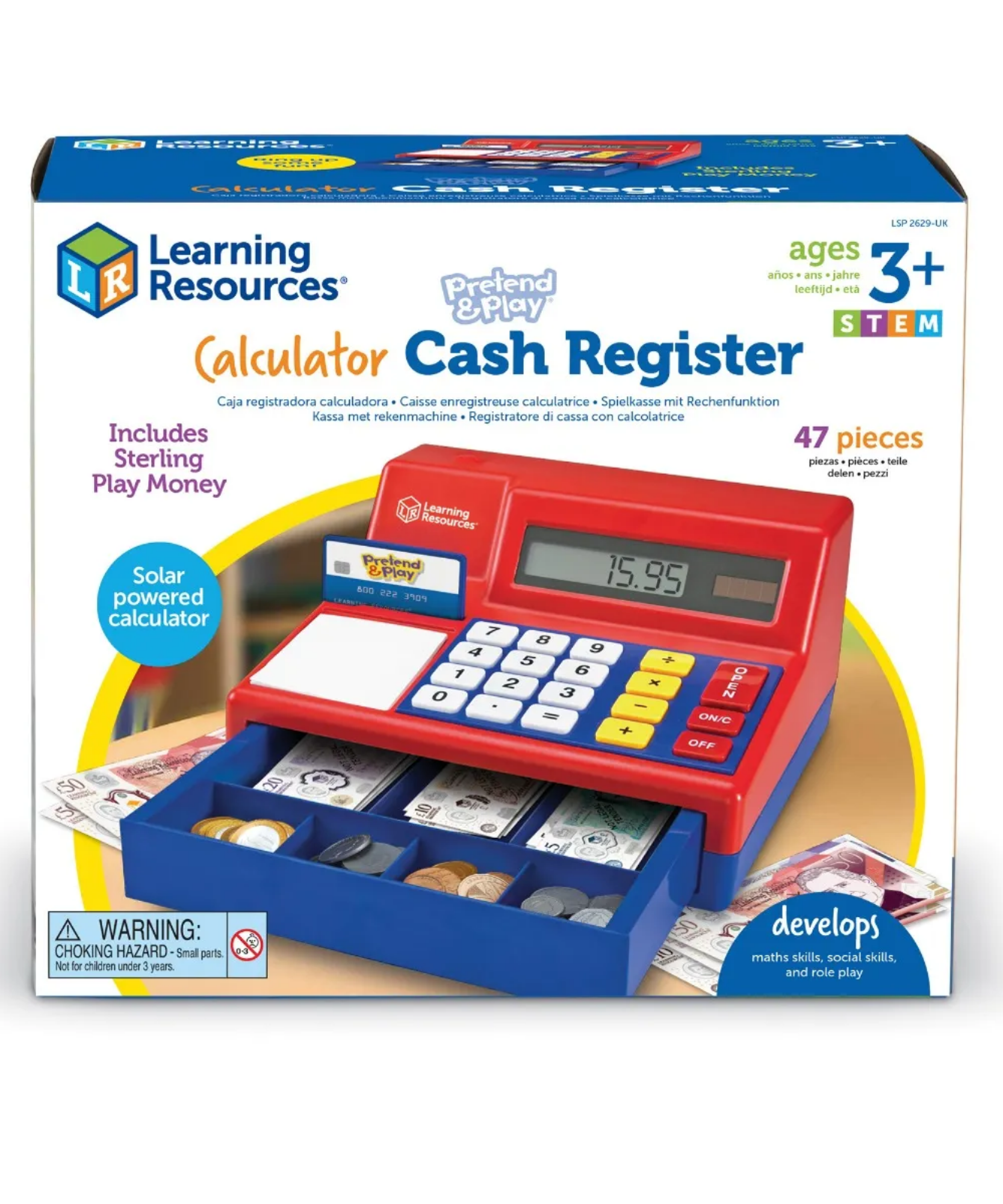 موارد تعليمية - آلة حاسبة تظاهرية للعب، ماكينة تسجيل المدفوعات النقدية، عملة المملكة المتحدة، صندوق نقود مع نقود لعب وبطاقة ائتمان، آلة حاسبة تعمل بالطاقة الشمسية لمهارات الرياضيات والمال المبكرة، للأعمار من 3 سنوات فما فوق