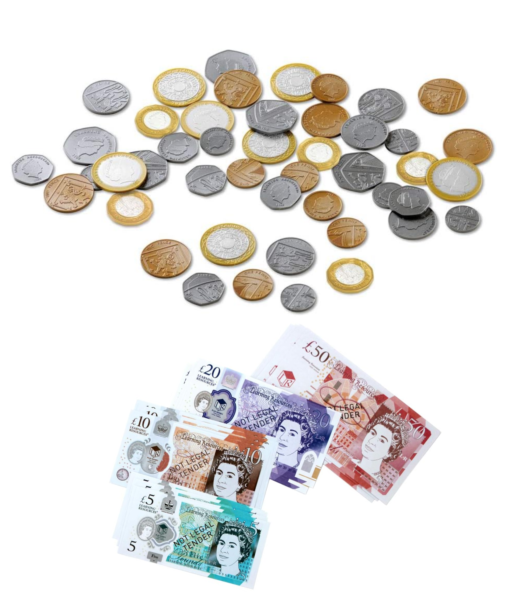 Learning Resources Play Money UK Assortment, Realistic Plastic Coins and Notes for Kids, 60-Piece Set, Includes Updated 2017 Coin Designs, Educational Money Toy for Ages 3+