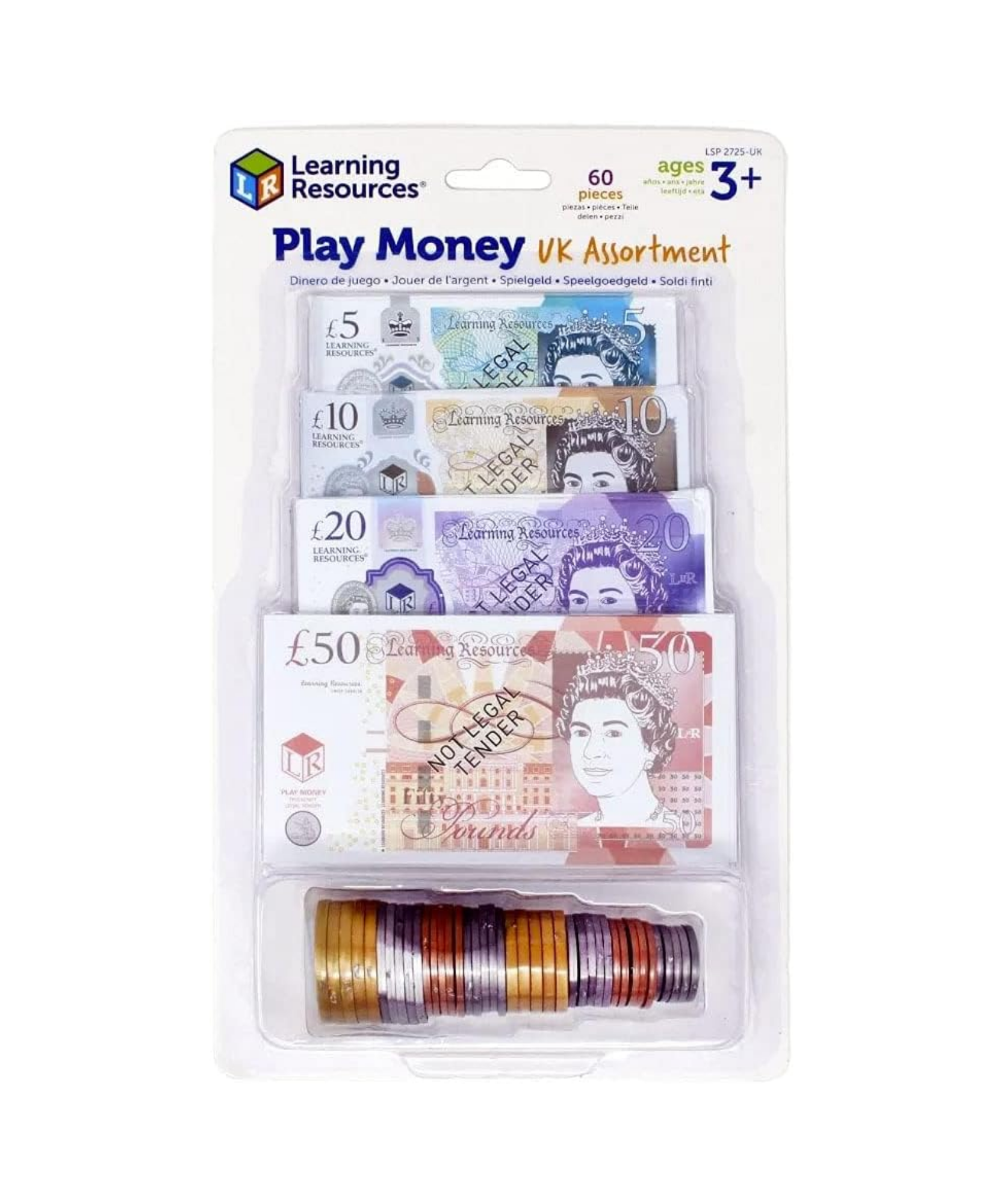 Learning Resources Play Money UK Assortment, Realistic Plastic Coins and Notes for Kids, 60-Piece Set, Includes Updated 2017 Coin Designs, Educational Money Toy for Ages 3+