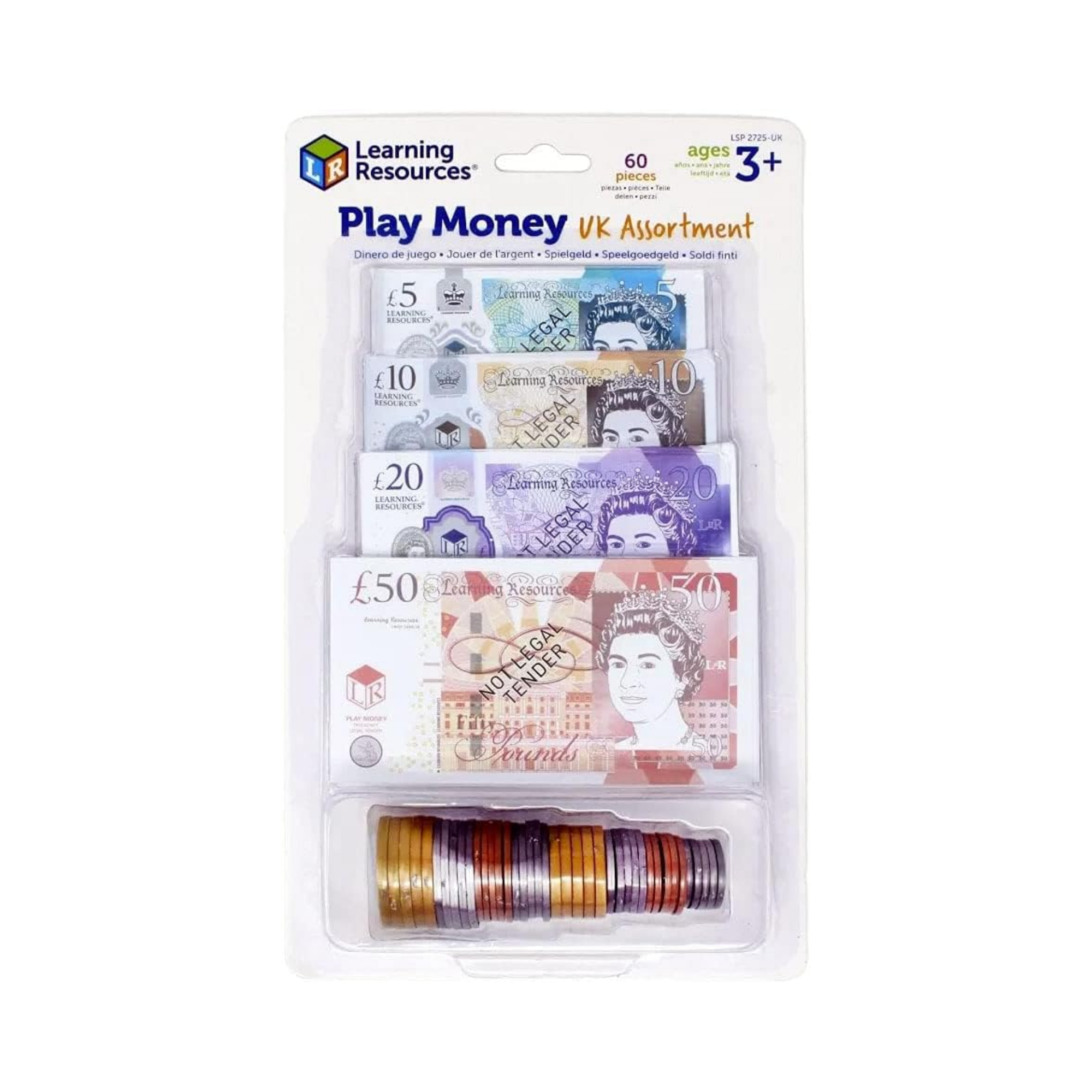Learning Resources Play Money UK Assortment, Realistic Plastic Coins and Notes for Kids, 60-Piece Set, Includes Updated 2017 Coin Designs, Educational Money Toy for Ages 3+