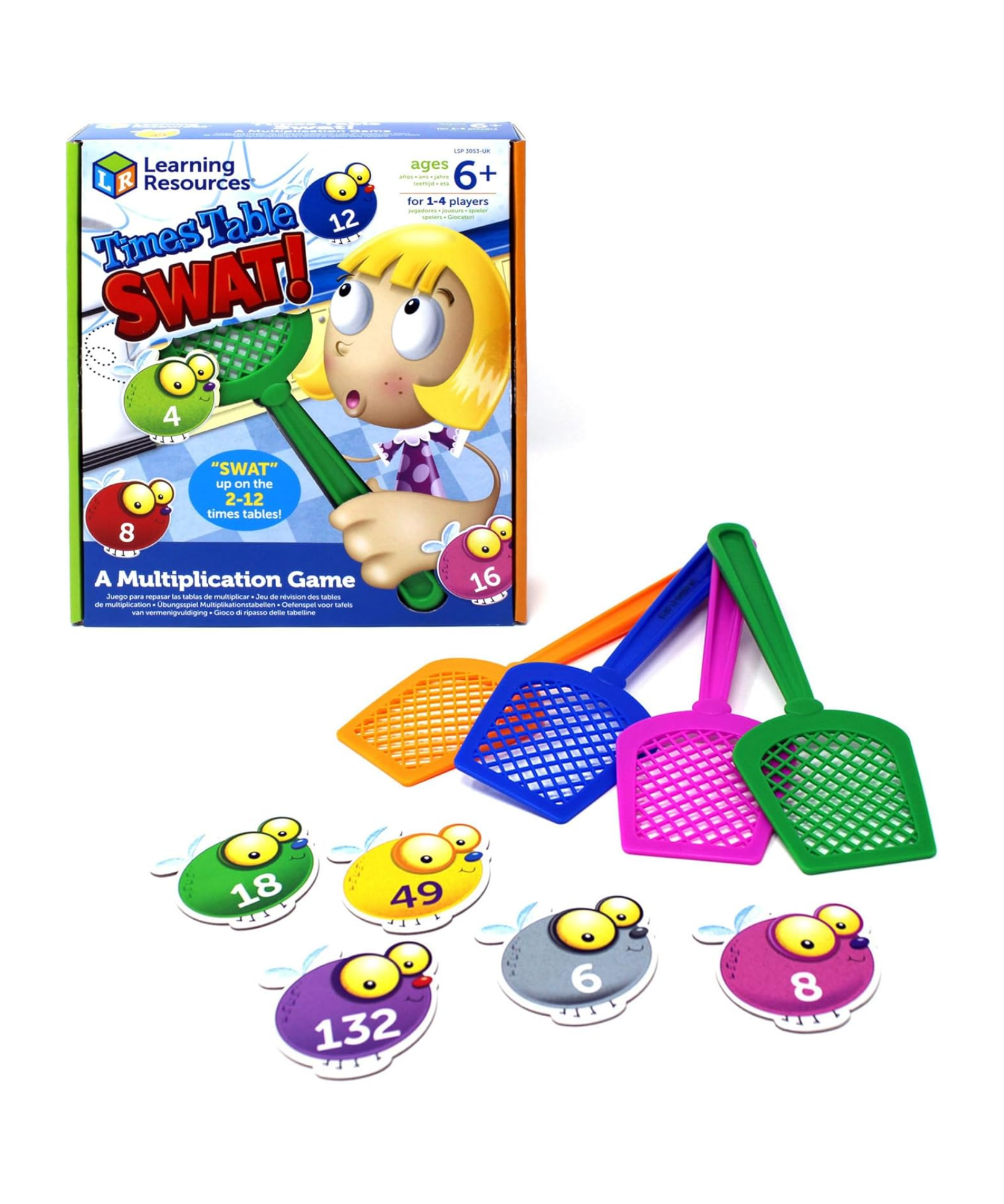 موارد تعليمية، لعبة ضرب ممتعة للأطفال، تمارين على جدول الضرب من 2 إلى 12، تتضمن 132 ذبابة ملونة، 4 مضربات ودليل أنشطة، للأعمار من 6 سنوات فما فوق، تعليمات متعددة اللغات