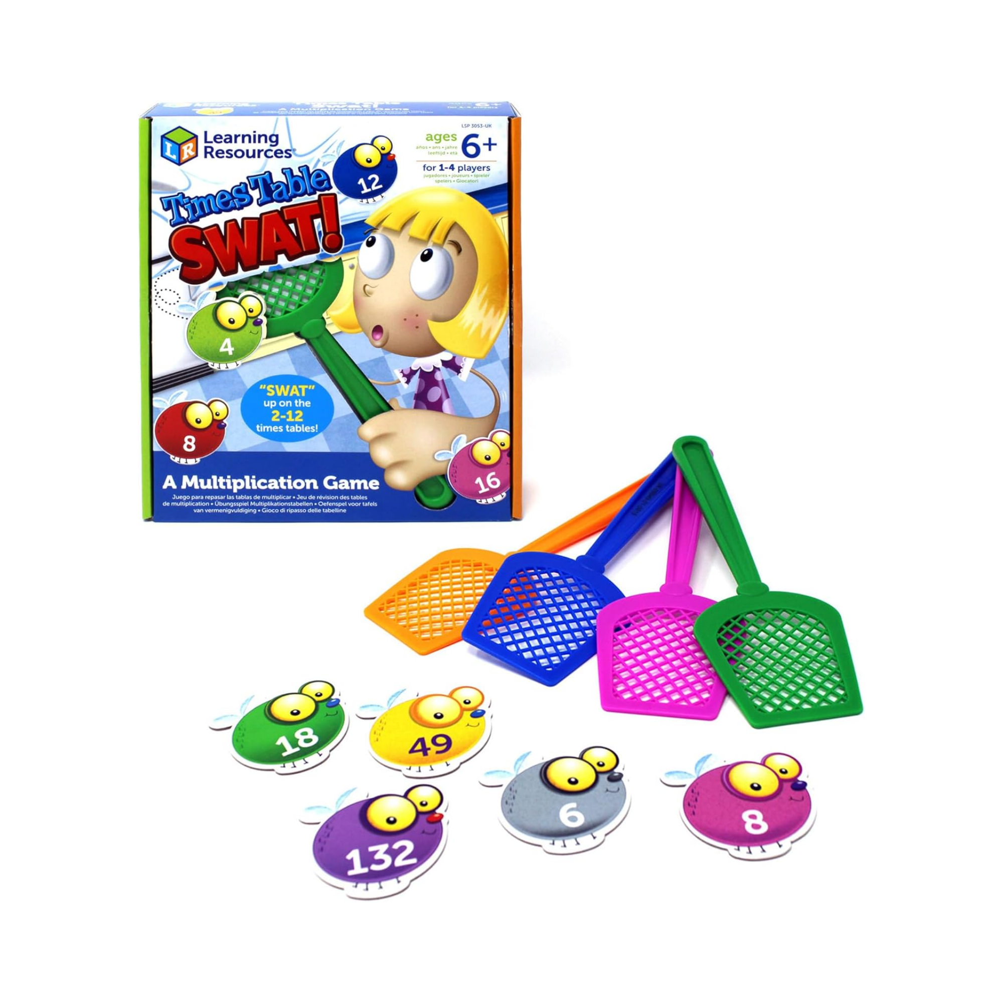 موارد تعليمية، لعبة ضرب ممتعة للأطفال، تمارين على جدول الضرب من 2 إلى 12، تتضمن 132 ذبابة ملونة، 4 مضربات ودليل أنشطة، للأعمار من 6 سنوات فما فوق، تعليمات متعددة اللغات
