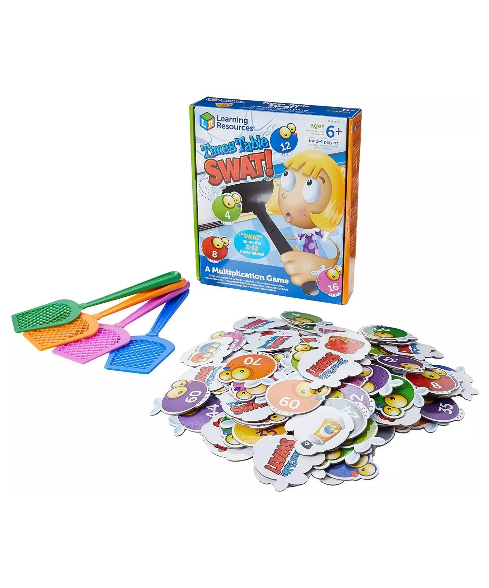 موارد تعليمية، لعبة ضرب ممتعة للأطفال، تمارين على جدول الضرب من 2 إلى 12، تتضمن 132 ذبابة ملونة، 4 مضربات ودليل أنشطة، للأعمار من 6 سنوات فما فوق، تعليمات متعددة اللغات
