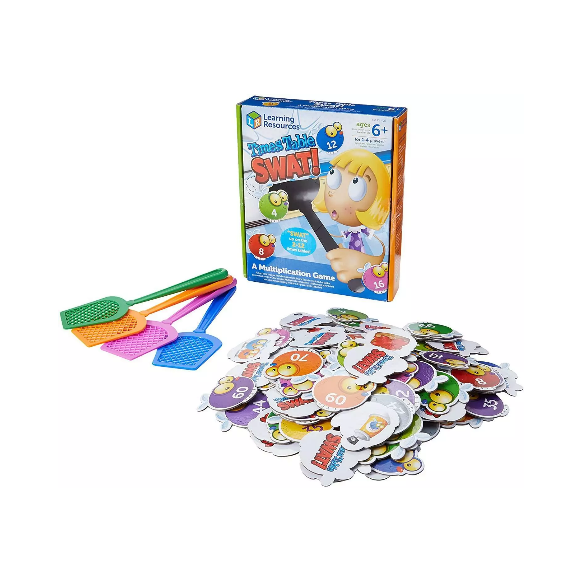 موارد تعليمية، لعبة ضرب ممتعة للأطفال، تمارين على جدول الضرب من 2 إلى 12، تتضمن 132 ذبابة ملونة، 4 مضربات ودليل أنشطة، للأعمار من 6 سنوات فما فوق، تعليمات متعددة اللغات