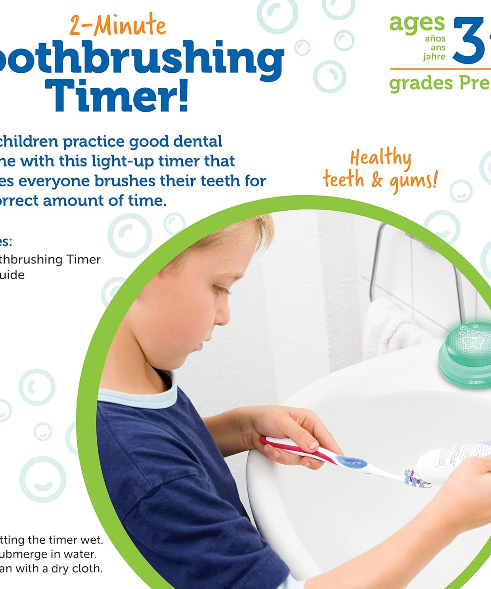 مؤقت فرشاة الأسنان لمدة دقيقتين من Learning Resources، مؤقت مضيء ممتع للأطفال لتشجيع عادات تنظيف الأسنان الصحية، يتضمن دليلًا متعدد اللغات