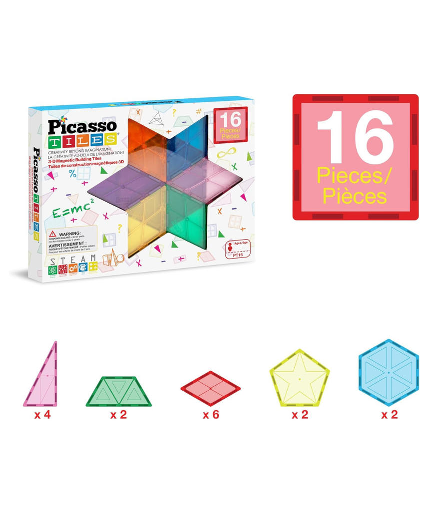 PicassoTiles 16 Piece Magnetic Building Block Set Geometry Shape Magnet Tiles Construction Toy STEM Learning Kit Educational Playset Playboard Pretend Play Stacking Blocks Child Brain Development PT16