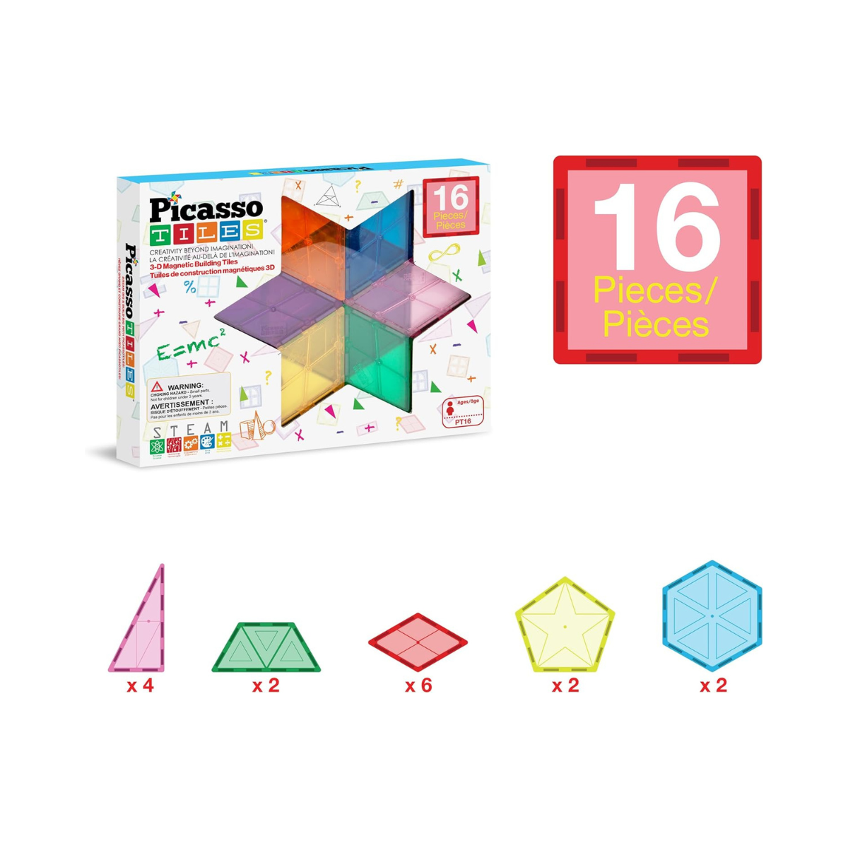 PicassoTiles 16 Piece Magnetic Building Block Set Geometry Shape Magnet Tiles Construction Toy STEM Learning Kit Educational Playset Playboard Pretend Play Stacking Blocks Child Brain Development PT16