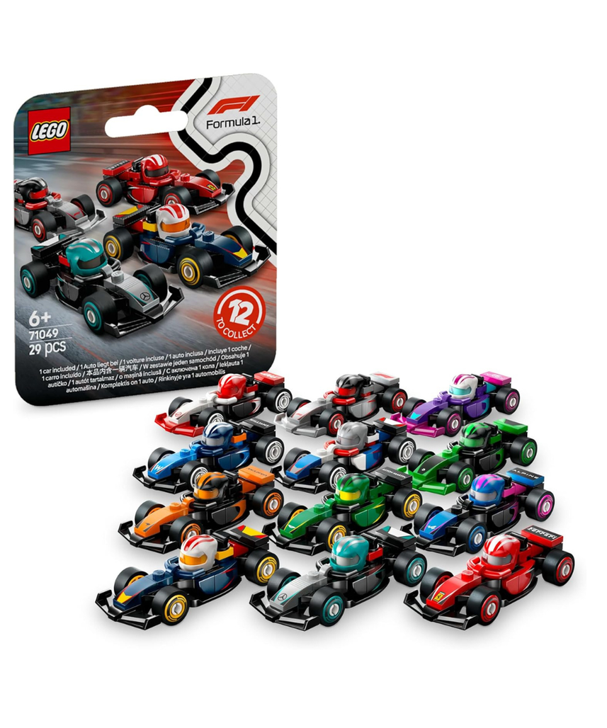 LEGO Minifigures F1 Collectible Race Cars Toys - Get 1 of 12 Mini Car Models with Drivers Helmets & Moving Wheels - Formula 1 Teams incl. Ferrari, Mercedes, McLaren, Red Bull - Mystery Box - 71049