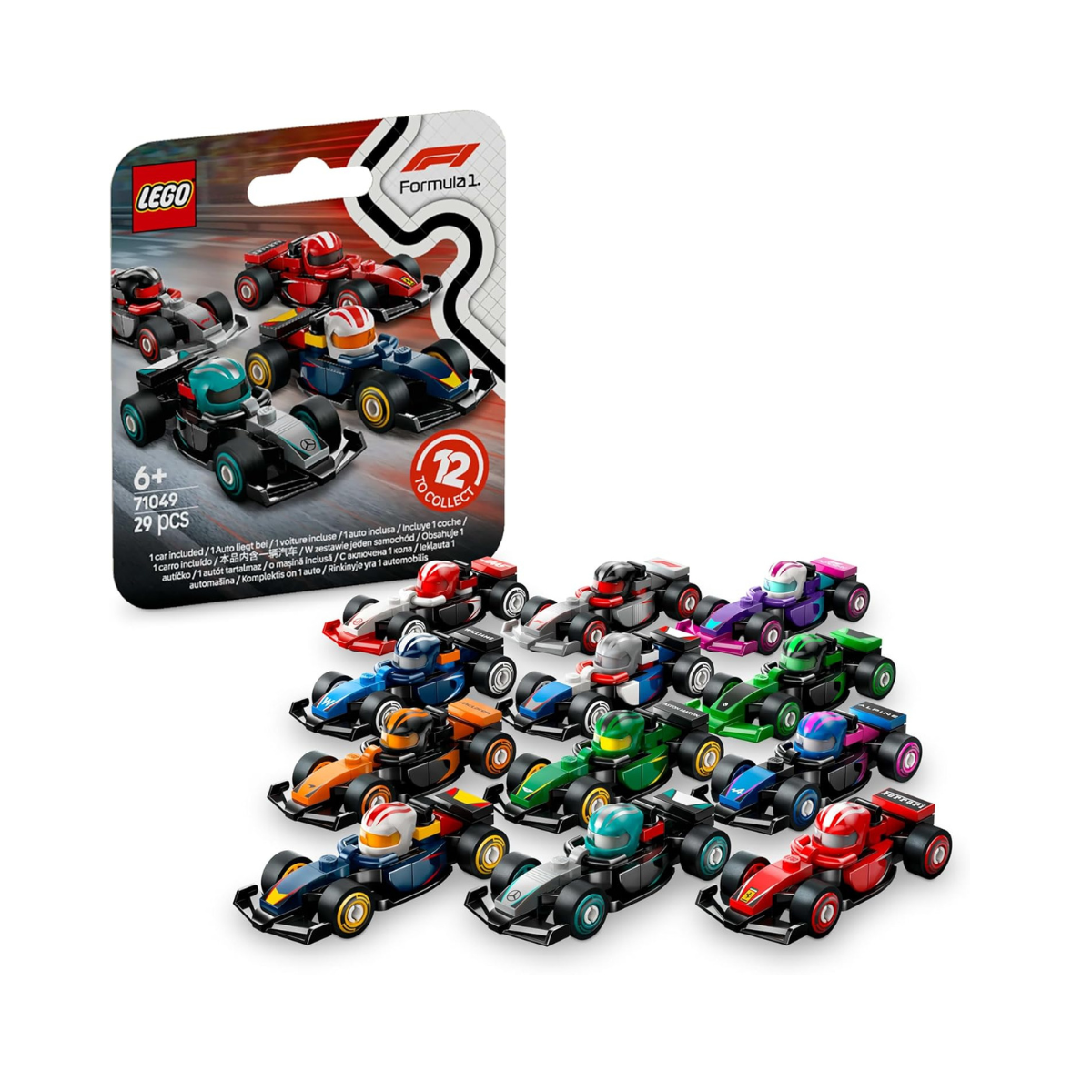 LEGO Minifigures F1 Collectible Race Cars Toys - Get 1 of 12 Mini Car Models with Drivers Helmets & Moving Wheels - Formula 1 Teams incl. Ferrari, Mercedes, McLaren, Red Bull - Mystery Box - 71049