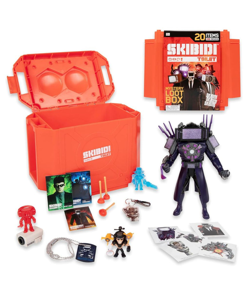 Skibidi Toilet Giant Mystery Loot Box, Official Mystery Surprise Box with 20 Collectible Items, Exclusive 10 Inch Titan Figure for Kids 13+