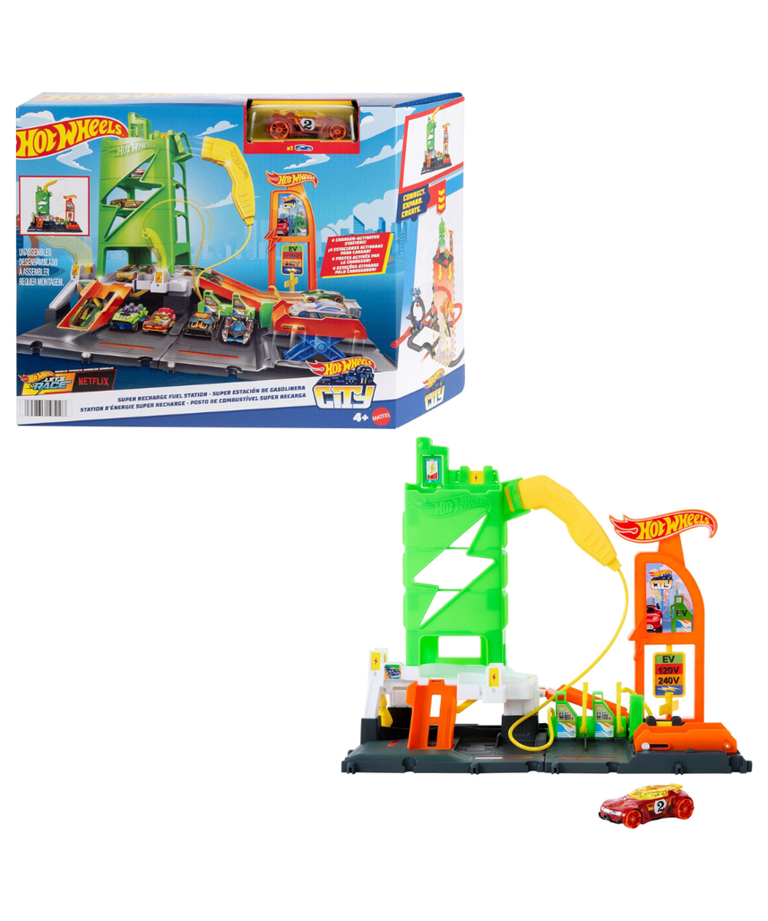 Hot Wheels City Super Recharge Fuel Station with 1:64 Scale Toy Car