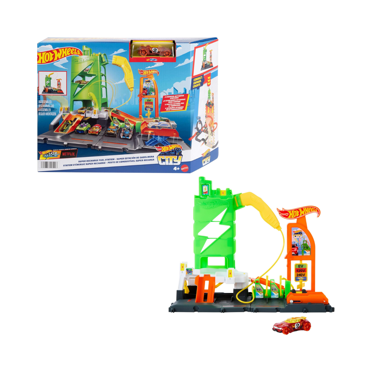 Hot Wheels City Super Recharge Fuel Station with 1:64 Scale Toy Car