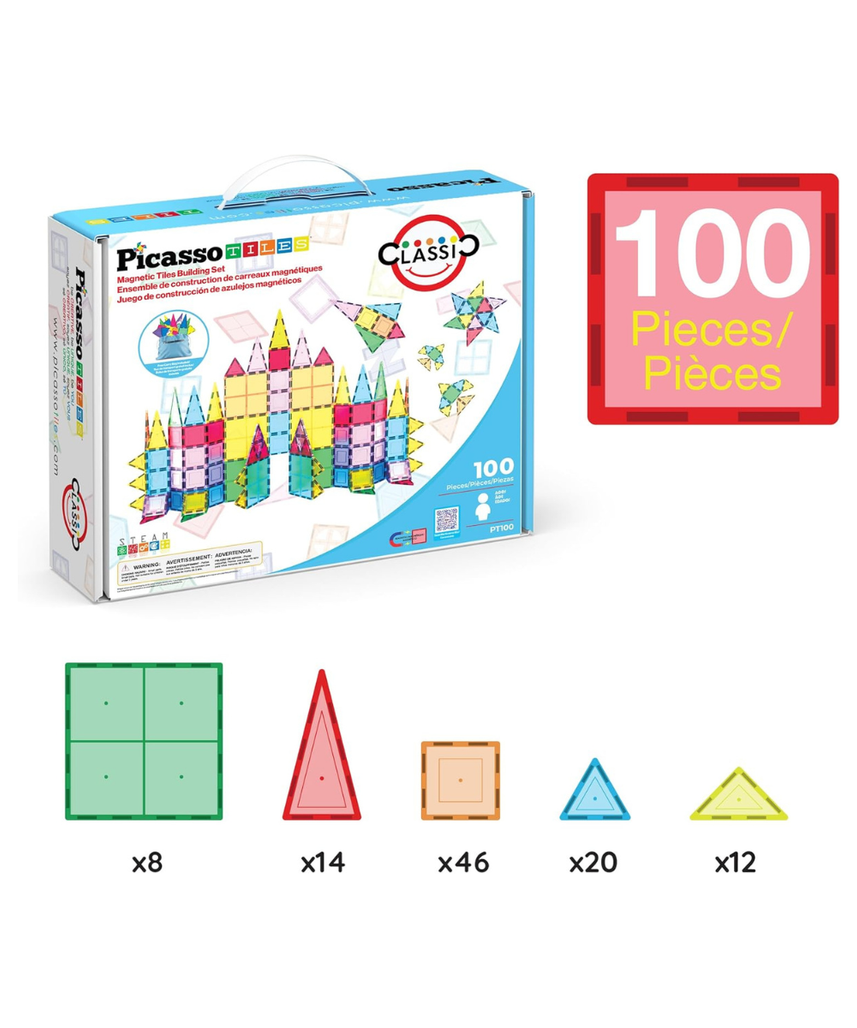 PicassoTiles 100 Piece Magnetic Playboards Tiles Set Magnet Toys for Toddlers STEM Building Blocks Sensory Creative Kids Manipulative Preschool learning Construction Toy ages 3+ Boys Girls - PT100