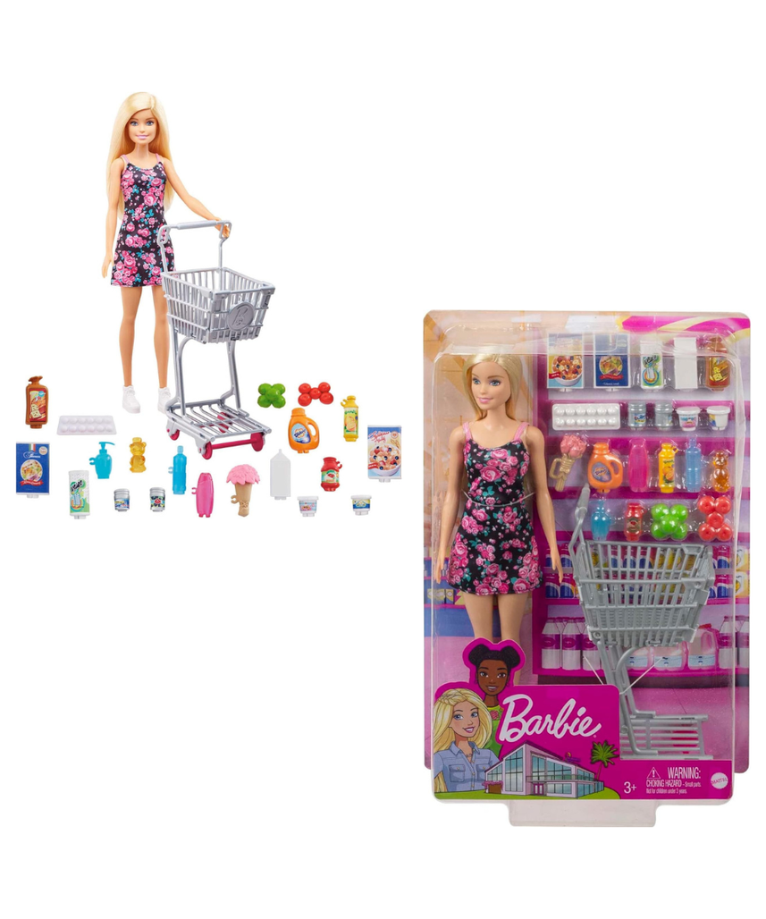 Barbie Doll and Supermarket Set, with Shopping Cart and 20 Pieces, 3 to 7 Year Olds