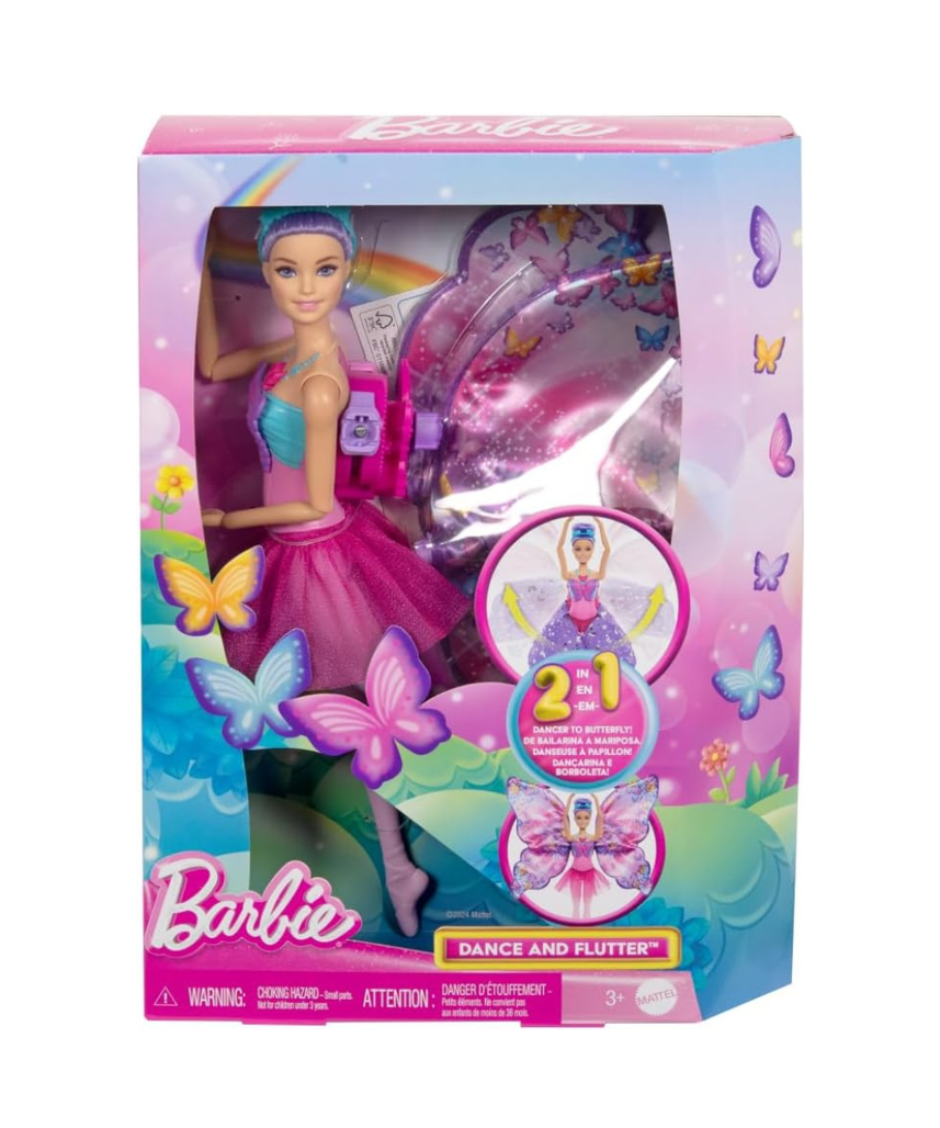 Barbie Dance and Flutter Doll with 2-in-1 Transformation from Dancer to Butterfly with Opening Wings, Purple Hair, Headpiece & Removable Tutu, HXJ10