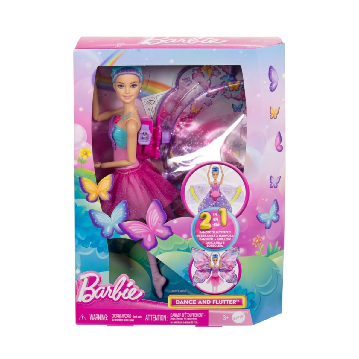 Barbie Dance and Flutter Doll with 2-in-1 Transformation from Dancer to Butterfly with Opening Wings, Purple Hair, Headpiece & Removable Tutu, HXJ10