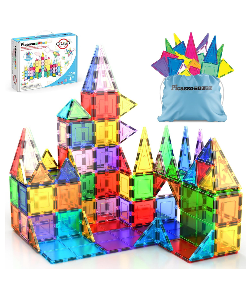 PicassoTiles 100 Piece Magnetic Playboards Tiles Set Magnet Toys for Toddlers STEM Building Blocks Sensory Creative Kids Manipulative Preschool learning Construction Toy ages 3+ Boys Girls - PT100