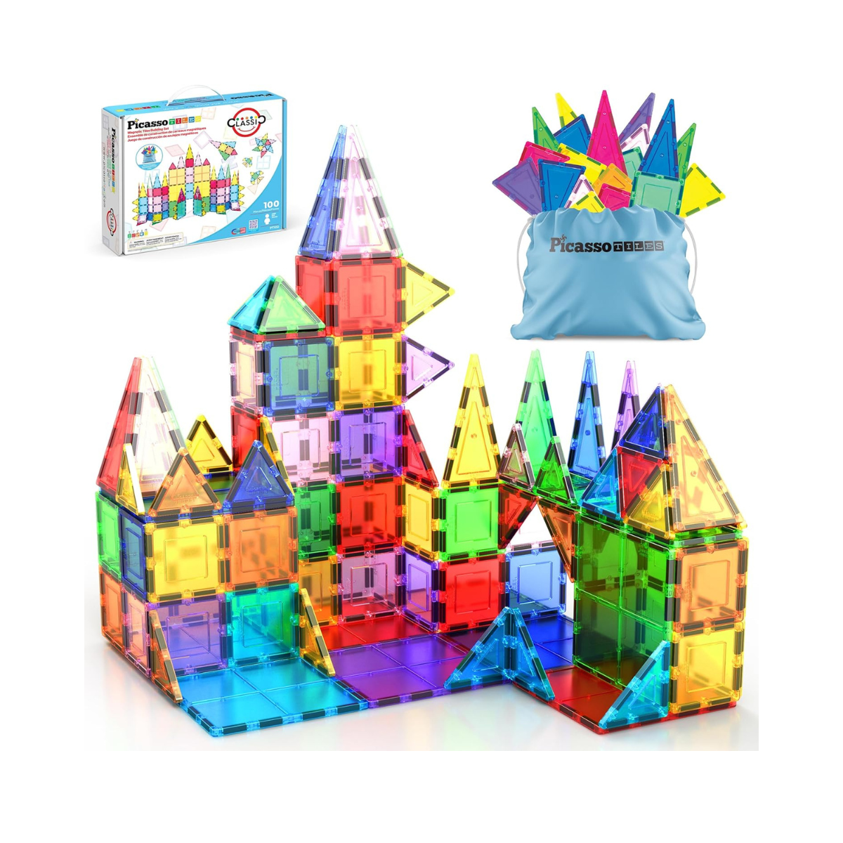 PicassoTiles 100 Piece Magnetic Playboards Tiles Set Magnet Toys for Toddlers STEM Building Blocks Sensory Creative Kids Manipulative Preschool learning Construction Toy ages 3+ Boys Girls - PT100