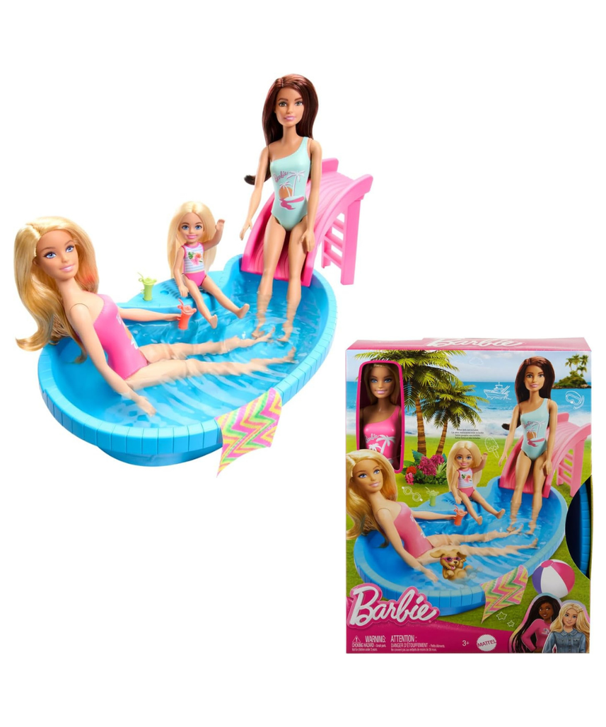 Barbie Doll and Pool Playset, Blonde with Pool, Slide, Towel and Drink Accessories