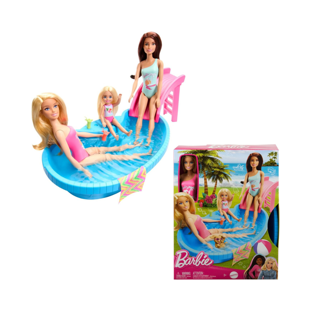 Barbie Doll and Pool Playset, Blonde with Pool, Slide, Towel and Drink Accessories