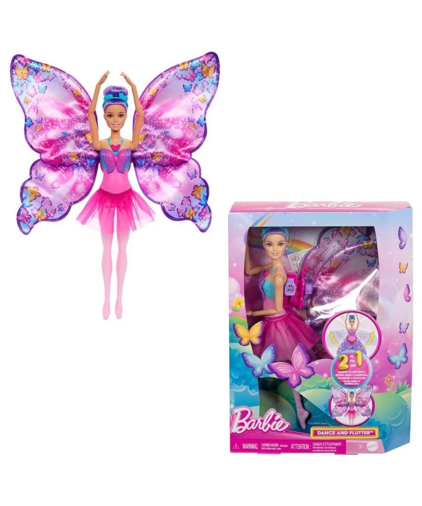 Barbie Dance and Flutter Doll with 2-in-1 Transformation from Dancer to Butterfly with Opening Wings, Purple Hair, Headpiece & Removable Tutu, HXJ10