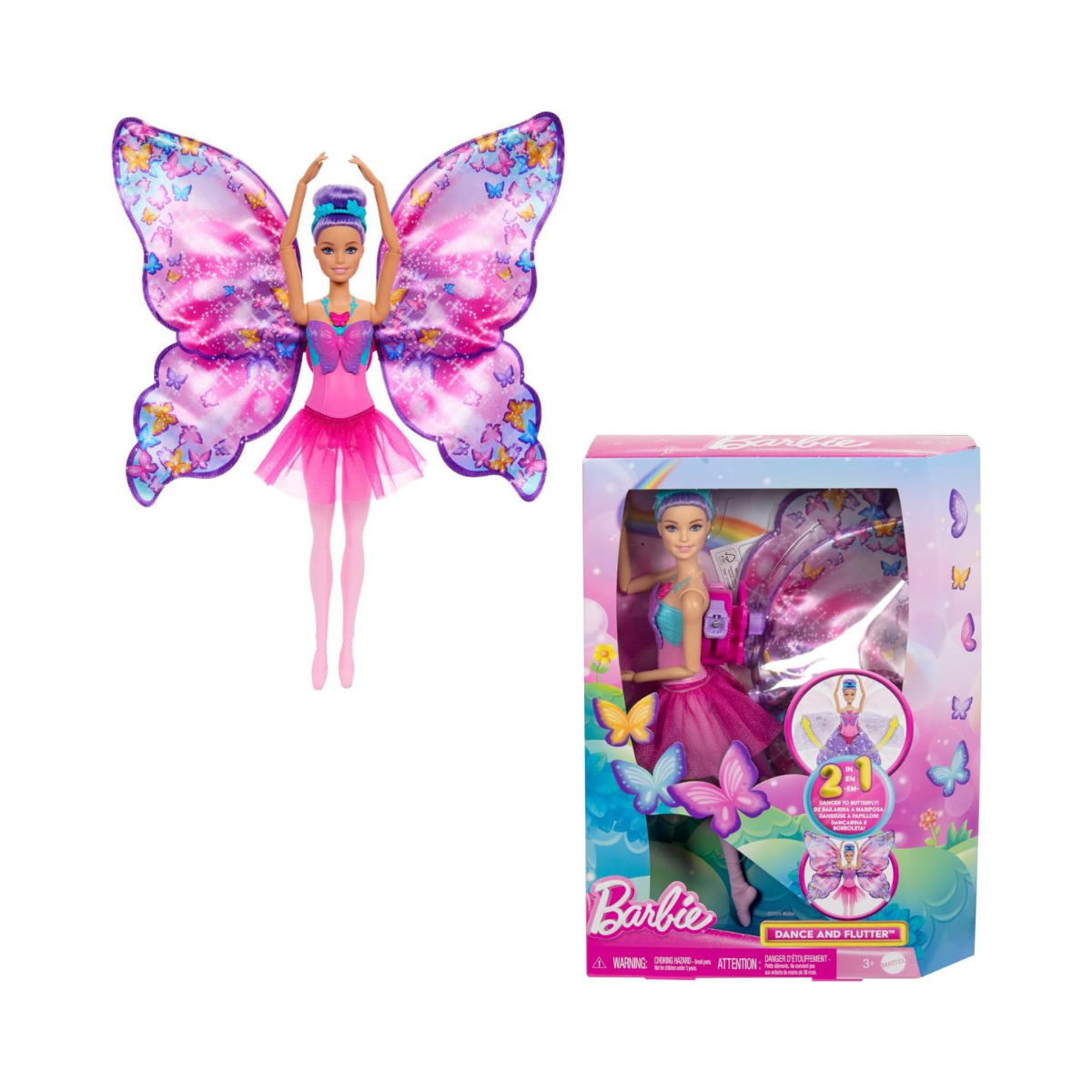Barbie Dance and Flutter Doll with 2-in-1 Transformation from Dancer to Butterfly with Opening Wings, Purple Hair, Headpiece & Removable Tutu, HXJ10
