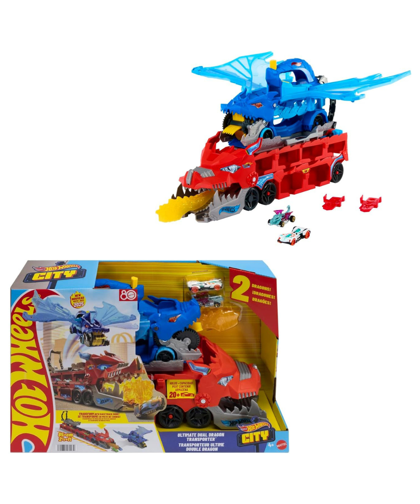 Hot Wheels City Toy Car Track Set, Ultimate Dual Dragon Transporter & 2 Die-Cast Cars, Large-Scale Dragon & Detachable Dragon, Stores 20+ Vehicles