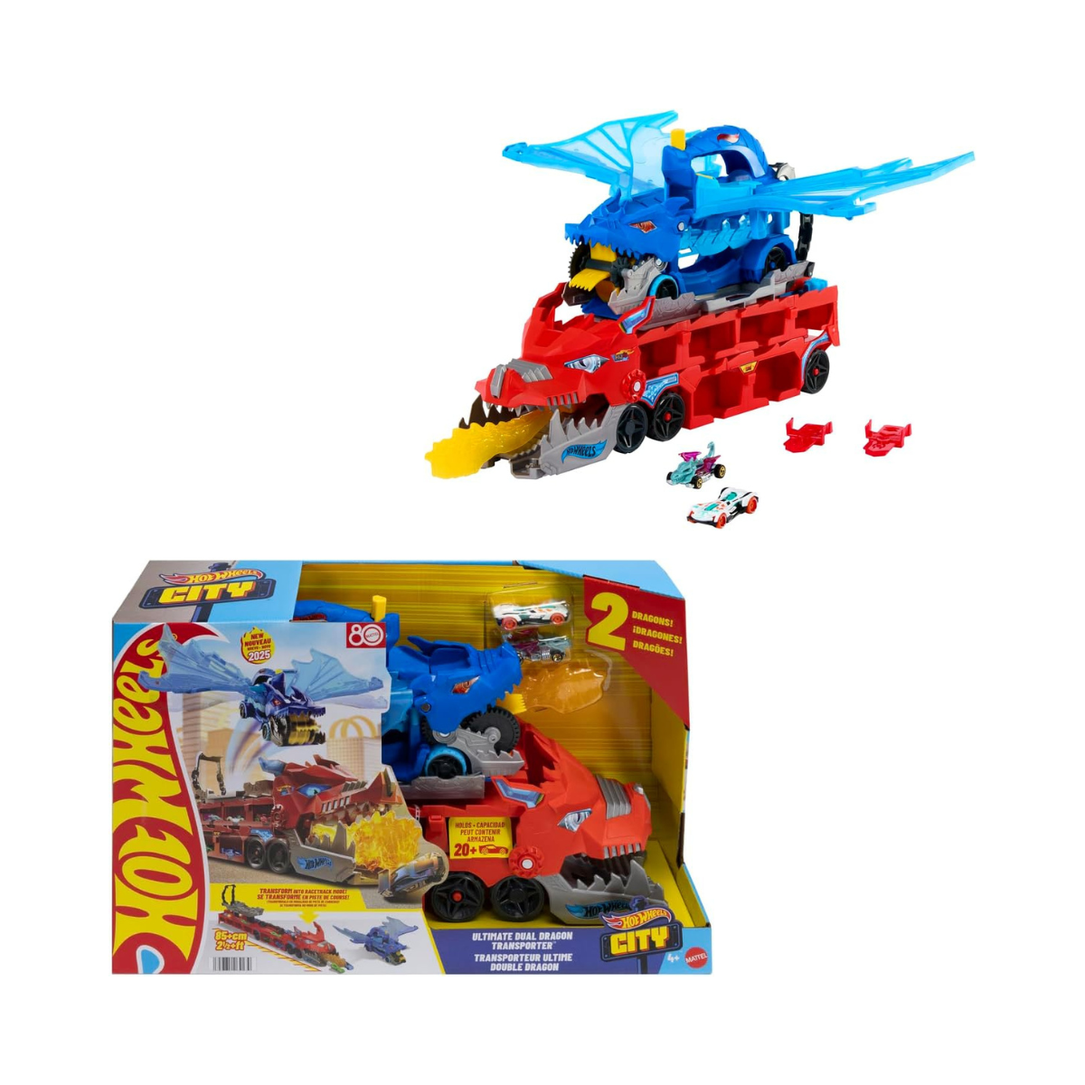 Hot Wheels City Toy Car Track Set, Ultimate Dual Dragon Transporter & 2 Die-Cast Cars, Large-Scale Dragon & Detachable Dragon, Stores 20+ Vehicles