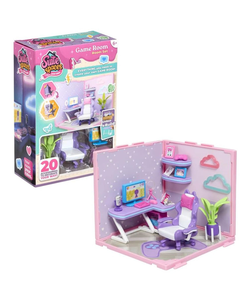 Goliath Suite Spaces Game Room Set, Modular Dollhouse Gaming Room Playset with 20 Accessories, Customizable Furniture & Decor for 3-4 Inch Dolls, Kids 6+