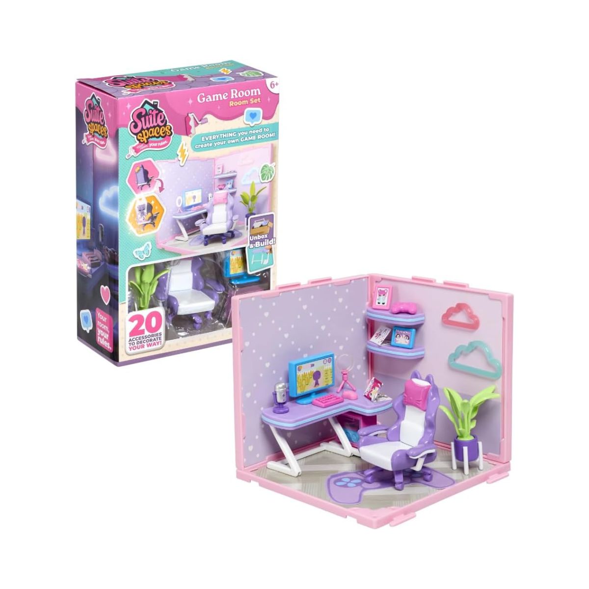 Goliath Suite Spaces Game Room Set, Modular Dollhouse Gaming Room Playset with 20 Accessories, Customizable Furniture & Decor for 3-4 Inch Dolls, Kids 6+