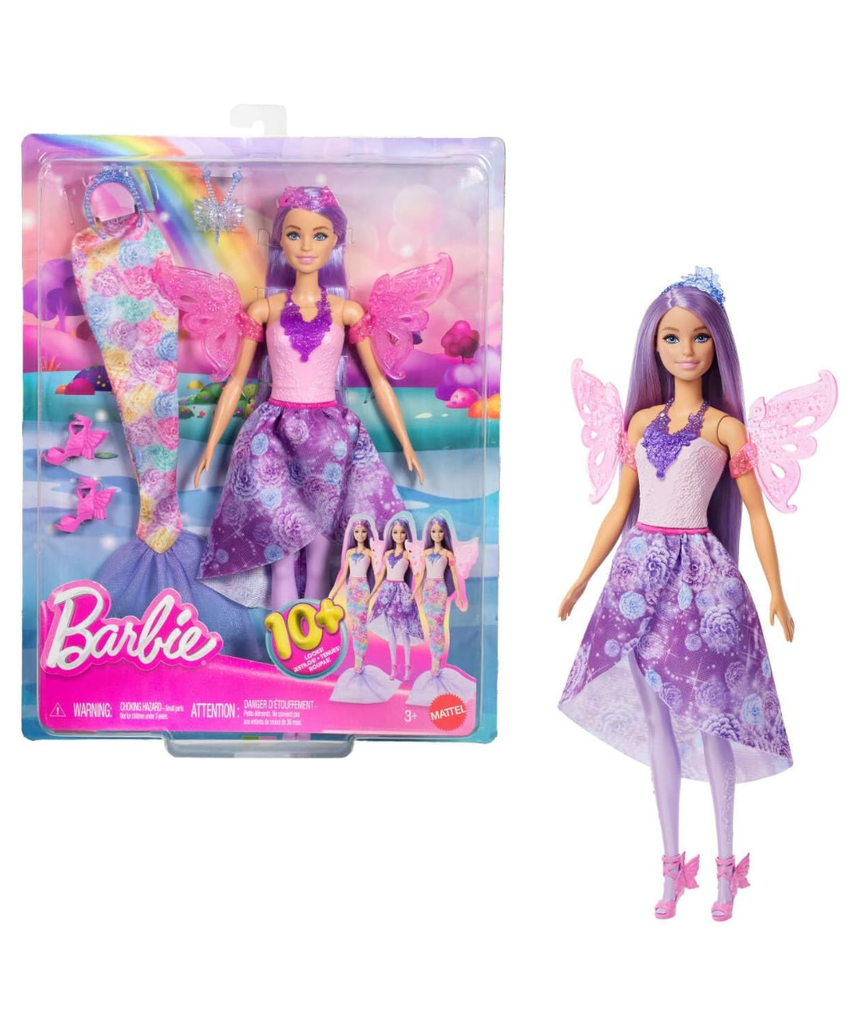 Barbie Doll with Clothes & Accessories, Fantasy Fashion Pack with 8 Accessories Including Mermaid Tail, Fairy Wings, Royal Necklaces, Shoes & More for 10+ Looks