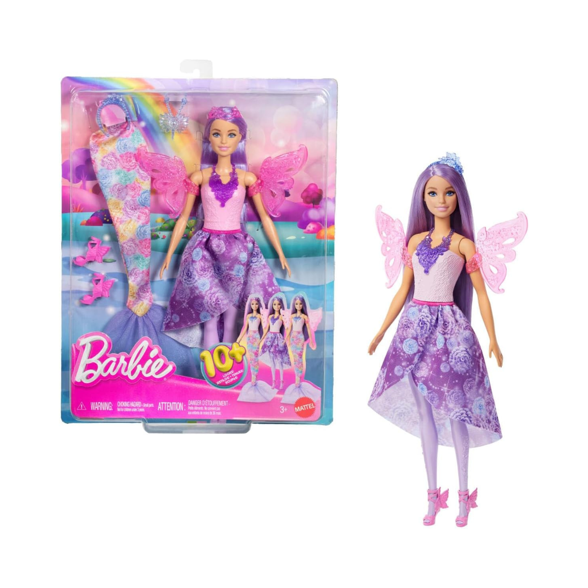 Barbie Doll with Clothes & Accessories, Fantasy Fashion Pack with 8 Accessories Including Mermaid Tail, Fairy Wings, Royal Necklaces, Shoes & More for 10+ Looks