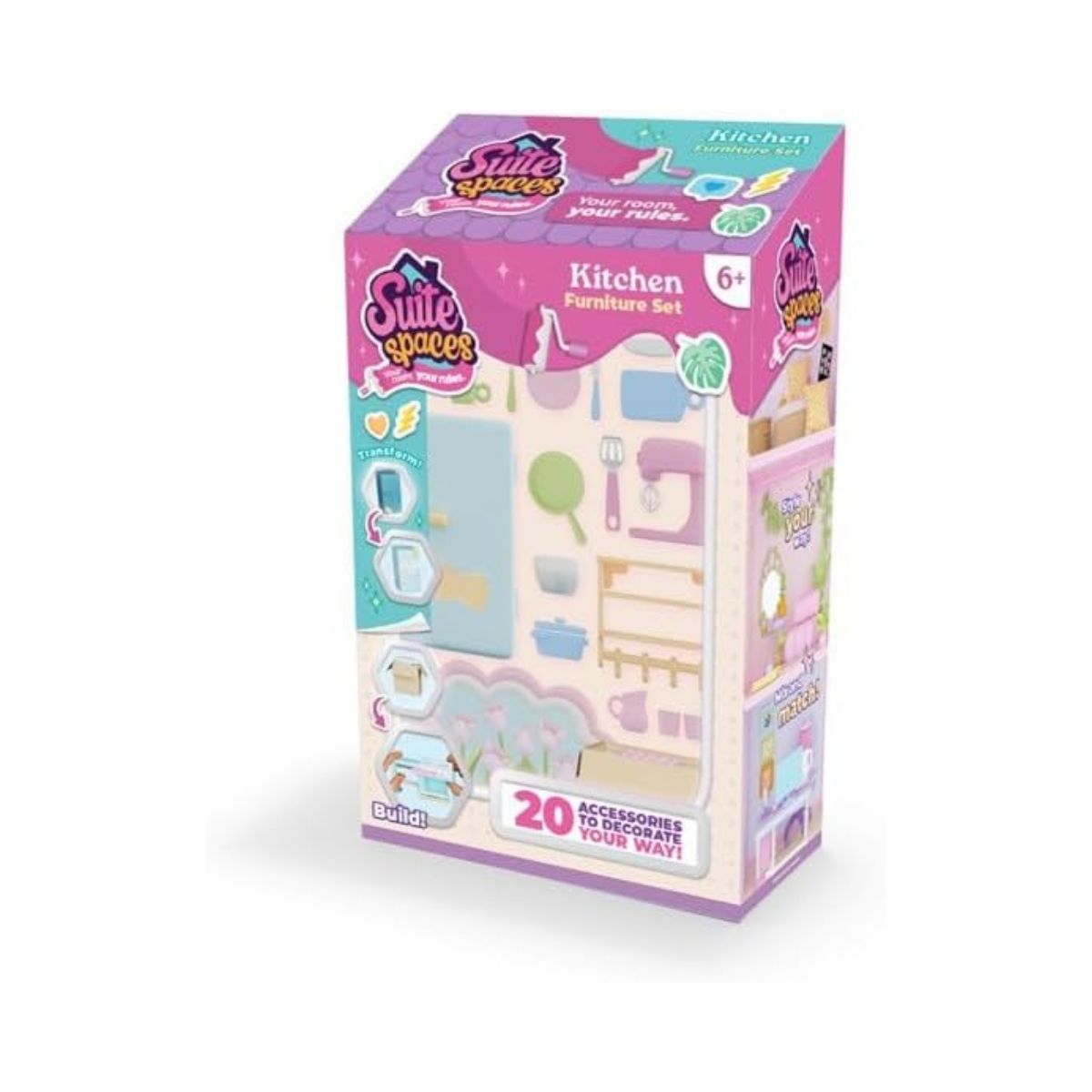 Goliath Suite Spaces Kitchen Set, Modular Dollhouse Kitchen Playset with 20 Accessories, Customizable Furniture & Decor for 3-4 Inch Dolls, Kids 6+