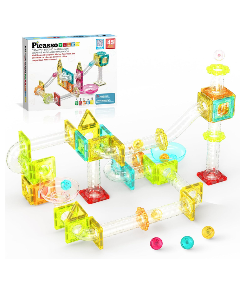 PicassoTiles Magnet Tiles Building Block Travel Size Magnetic Marble Run Construction Toy Set Mini Diamond Marble RaceTrack 45 pc Building Blocks Playset Education STEM Learning Kit Boy Girl 3+ PTMG45