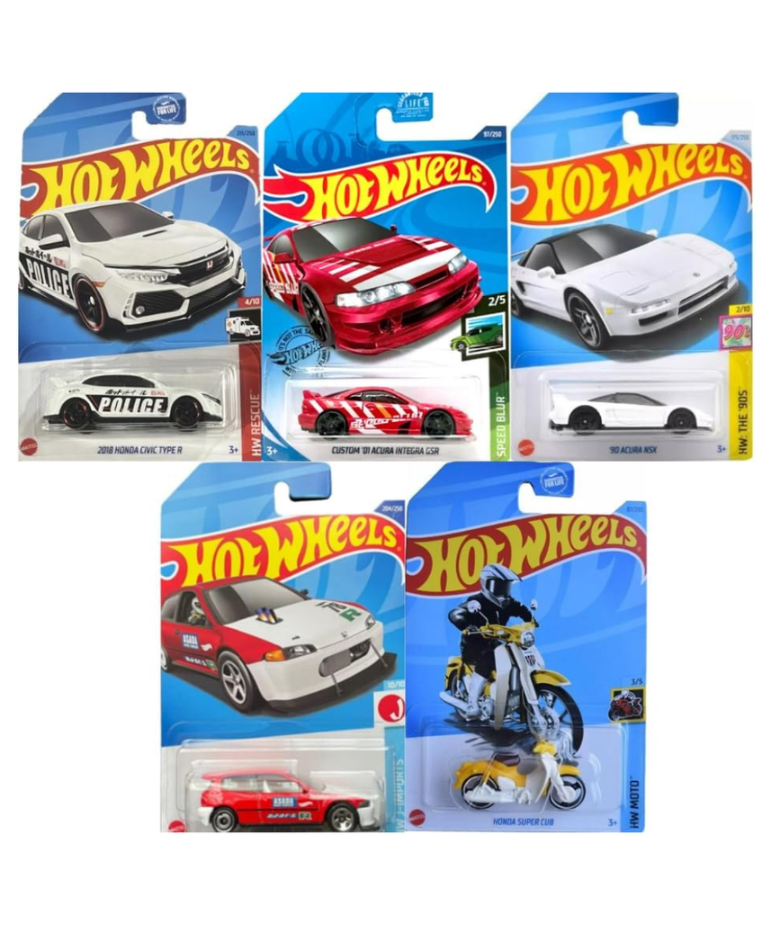Hot Wheels Honda/Acura Random 5 Pack! Assorted Variety Mystery Bundle (No Duplicates!) [Styles May Vary] 1:64 Scale Diecast Toy Vehicles