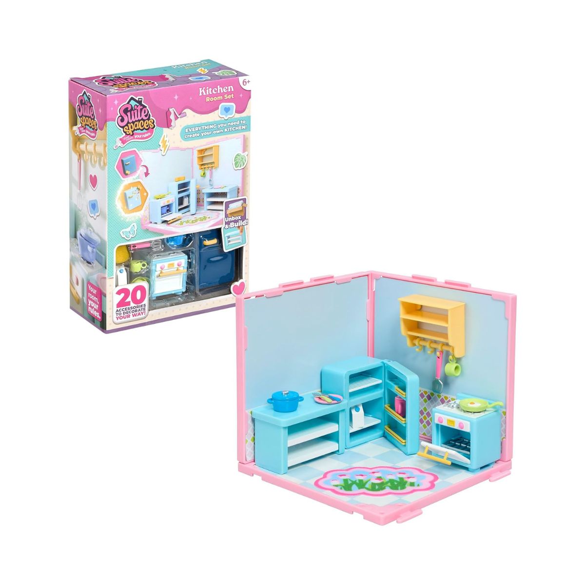 Suite Spaces Design Your Kitchen DIY Dollhouse Playset with 20 Accessories, Customizable Modular Kitchen Room for 3-4 Inch Dolls, Kids 6+