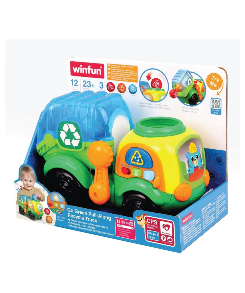 Winfun Go Green Pull-Along Recycle Truck Toy 12M+ | Eco-Themed Sorting & Recycling Playset | Toddler Push & Pull Learning Toy with Moving Wheels