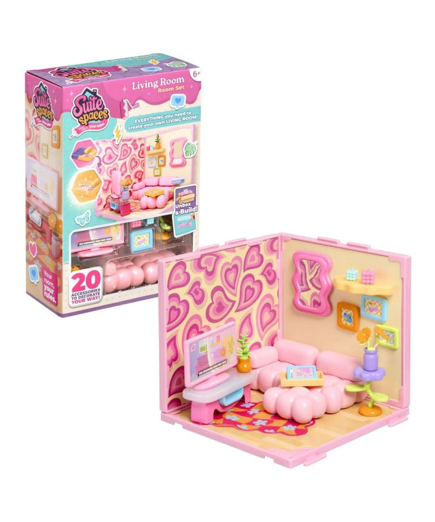 Goliath Suite Spaces Living Room Set, Modular Dollhouse Lounge Playset with 20 Accessories, Customizable Furniture & Decor for 3-4 Inch Dolls, Kids 6+