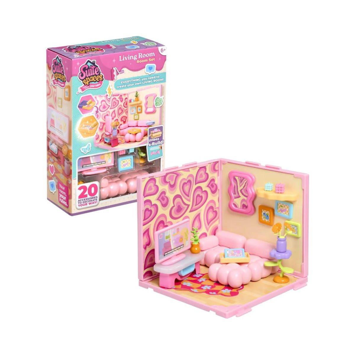 Goliath Suite Spaces Living Room Set, Modular Dollhouse Lounge Playset with 20 Accessories, Customizable Furniture & Decor for 3-4 Inch Dolls, Kids 6+